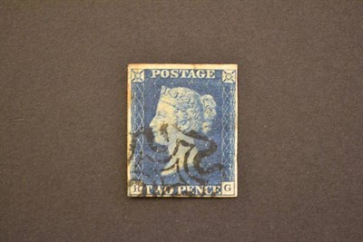 Lot 378 - Great Britain. 1840 2d blue R-G. Four margins used with black Maltese cross