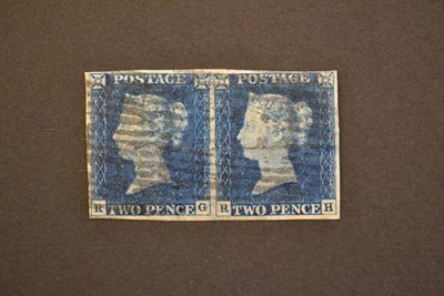 Lot 379 - Great Britain. 1840 2d blue horizontal pair RG/RH. Four margins, used