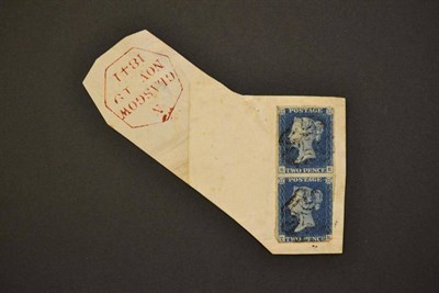 Lot 380 - Great Britain. 1840 2d blue vertical pair SE/TE. Just tied to small piece by black Maltese crosses