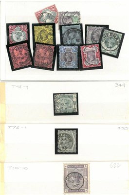 Lot 383 - Great Britain. A selection of Queen Victoria surface printed issues, used on stockcards. Noted 1867