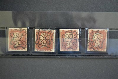 Lot 388 - Great Britain. Four 1841 1d reds, all four margins. Used with numeral black Maltese crosses 2,...
