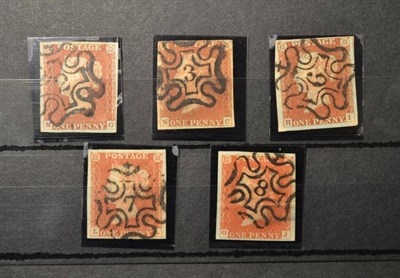 Lot 389 - Great Britain. Five 1841 1d reds all four margins. Used with numeral black Maltese crosses 2, 3, 6