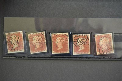 Lot 390 - Great Britain. Five 1841 1d reds, all four margins. Used with numeral black Maltese crosses 1,...