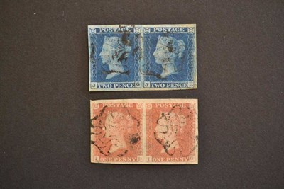 Lot 395 - Great Britain. 1841 Horizontal pairs 1d red IF/IG and 2d blue JG/JH. Both used with four good...