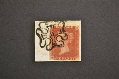 Lot 397 - Great Britain. 1841 1d red brown M-B, plate 42, three margins. Tied to small piece by black numeral
