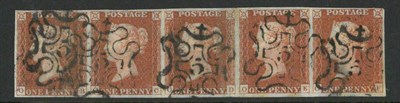 Lot 399 - Great Britain. 1841 1d red brown horizontal strip of five OB - OF. Four margins cancelled with five