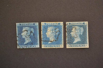 Lot 404 - Great Britain. Three 1841 2d blues D-B, H-I and T-F (unusual greenish blue shade). All four margins