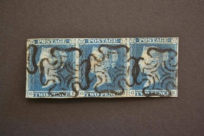 Lot 405 - Great Britain. 1841 2d blue GI/GK horizontal strip of three. Four margins, used