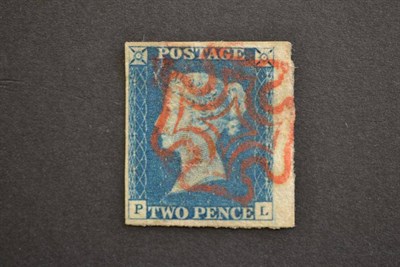 Lot 409 - Great Britain. 1840 2d blue P-L with four straight margins (right huge). Used with superb red...
