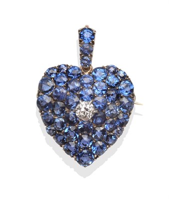 Lot 264 - A Diamond and Sapphire Heart Shaped Pendant/Brooch, circa 1880, an old cut diamond centres...