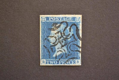 Lot 412 - Great Britain. 1841 2d blue R-B, four margins. used with black number 12 Maltese cross