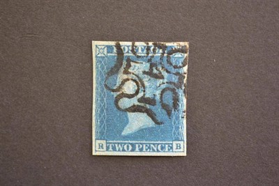Lot 413 - Great Britain. 1841 2d blue R-B. Four good margins, cancelled by number 4 black Maltese cross