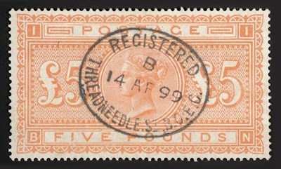 Lot 424 - Great Britain. 1867 - 1883 £5 Orange B - N. Well centred used with registered Threadneedle St...
