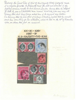 Lot 440 - Great Britain. A small piece bearing 1902 5s and 10s, two 1s horizontal pairs, 1d and 2d....