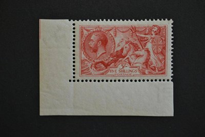 Lot 452 - Great Britain. 1919 5s Sea horse, marginal lower left corner. Fine mint