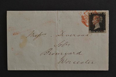 Lot 513 - Great Britain. 1840 1d black E-I, plate 1b, four margins, used on a part outer letter sheet,...