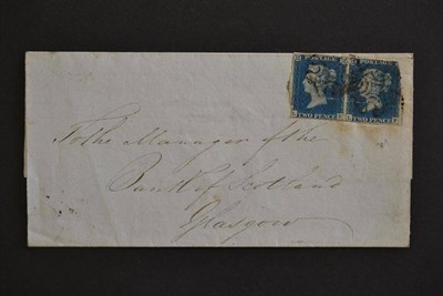 Lot 524 - Great Britain. 1844 part outer letter sheet to Glasgow bearing 2d blue horizontal pair LE-LF...