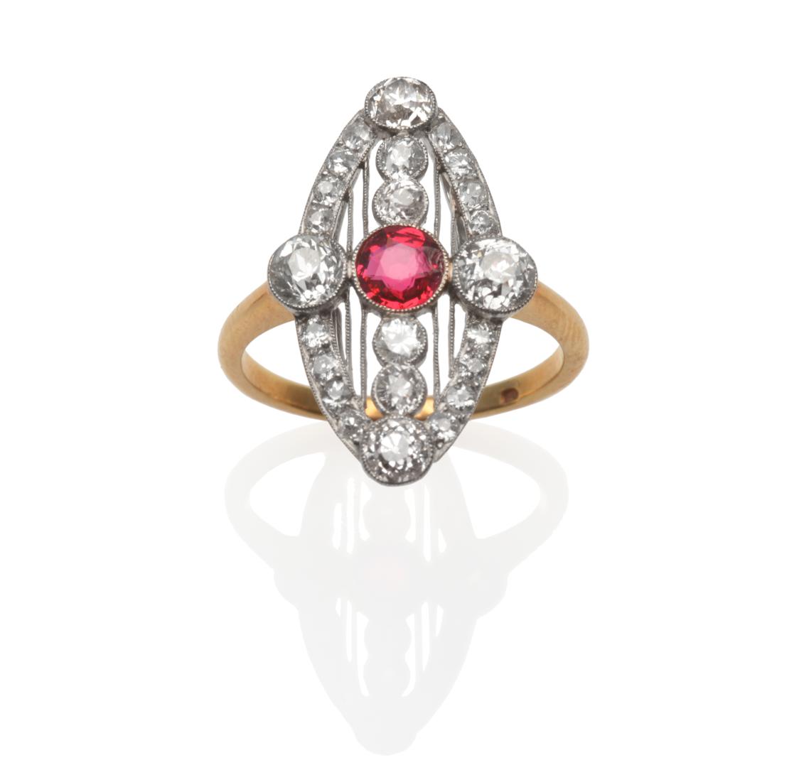 Lot 280 - A Victorian Spinel and Diamond Cluster Ring, the navette ring set with a red spinel and old cut...