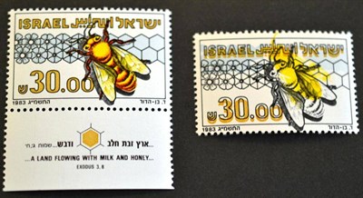 Lot 239 - Israel. 1983 Bees 30l mint with dramatic upward shift of blue and yellow. Downward shift of...