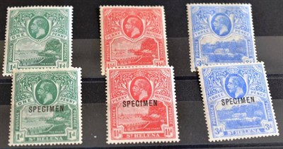 Lot 288 - St. Helena. 1922 1d to 3d fresh mint set of three. Also overprinted Specimen set of three SG 89 -91