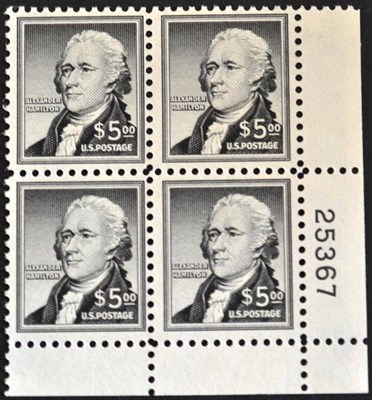 Lot 320 - U.S.A. 1956 $5 Alexander Hamilton unmounted corner plate block of four