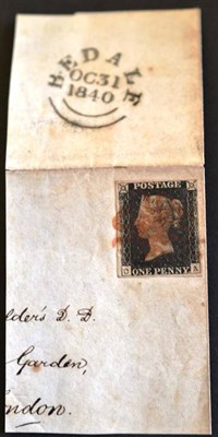 Lot 409 - Great Britain. An 1840 1d black C-A, four margins, tied to small piece by red Maltese cross