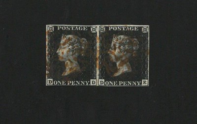 Lot 410 - Great Britain. 1840 1d black DD/DE horizontal pair. Four margins, used with brown-red (?)...