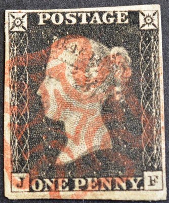 Lot 412 - Great Britain. An 1840 1d black J-F. Four margins used with red Maltese cross