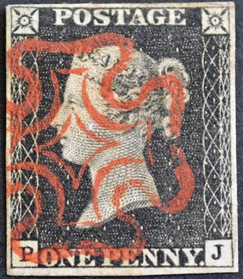 Lot 414 - Great Britain. 1840 1d black P-J, plate 1a. Four margins, used with red Maltese cross