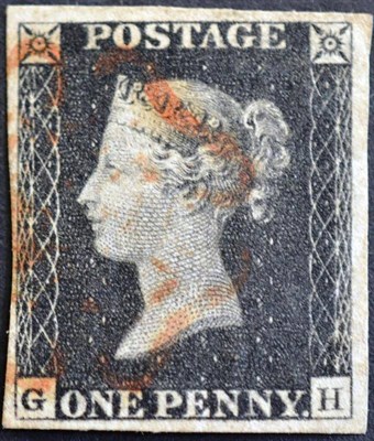 Lot 415 - Great Britain. An 1840 1d black G-H, plate 1b. Four margins, used with part red Maltese cross