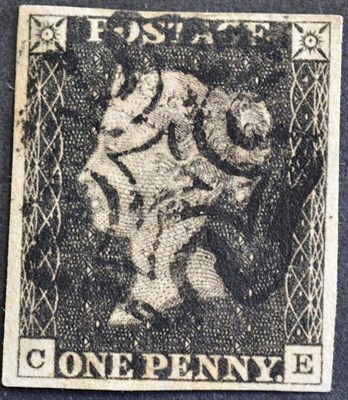 Lot 417 - Great Britain. 1840 1d black C-E, plate 3. Four good margins, used with black Maltese cross