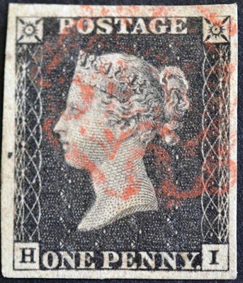 Lot 418 - Great Britain. An 1840 1d black H-I, plate 4. Four margins, used with red Maltese cross