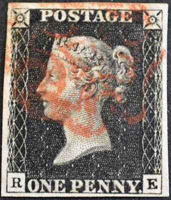 Lot 423 - Great Britain. 1840 1d black R-E, plate 6. Four margins, used with red Maltese cross