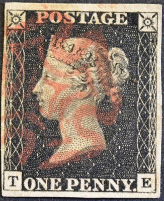 Lot 424 - Great Britain. 1840 1d black T-E, plate 6 (?). Four margins, used with red Maltese cross