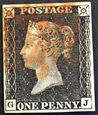 Lot 425 - Great Britain. 1840 1d black G-J, plate 7. Four margins, used with red Maltese cross