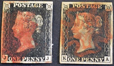 Lot 428 - Great Britain.  Two 1840 1d blacks J-J and K-A, four margins,. Used with red Maltese crosses