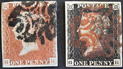 Lot 429 - Great Britain. Matched pair 1840 1d black and 1841 1d red G-H, plate 1b. Four margins, used