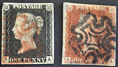 Lot 430 - Great Britain. Matched pair. 1840 1d black and 1841 1d red A-A, plate 2. Four margins, used