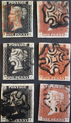 Lot 431 - Great Britain. Three matched pairs. 1840 1d blacks and 1841 1d red J-K plate 5, N-I plate 9 and G-J