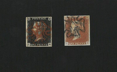 Lot 432 - Great Britain. Matched pair. 1840 1d black and 1841 1d red C-B, plate 8. Four margins, used