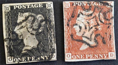 Lot 433 - Great Britain. Matched pair. 1840 1d black and 1841 1d red O-D, plate 10. Four margins, used