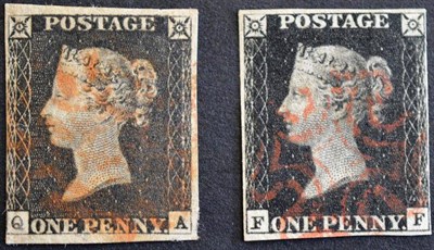 Lot 434 - Great Britain. 1840 1d black F-F, four margins used with red Maltese cross. Also a 1d black...