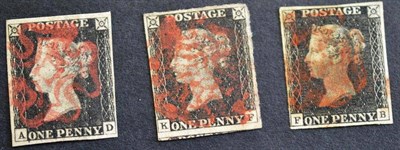 Lot 436 - Great Britain. Three 1840 1d blacks, A-D, F-B and K-F. All four margins and used with red...