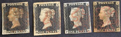 Lot 438 - Great Britain. Four 1840 1d blacks F-E, G-H, Q-J and T-L used.  One with four margins and all...