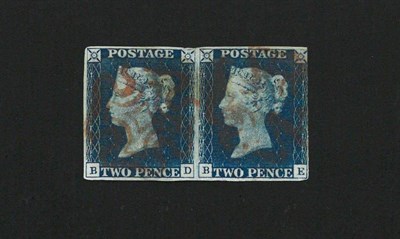 Lot 441 - Great Britain. 1840 2d blue BD/BE horizontal pair. Three margins, used with red Maltese cross