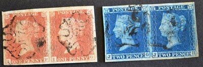 Lot 445 - Great Britain. 1841 Horizontal pairs 1d red IF/IG and 2d blue JG/JH. Both used with four good...