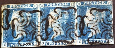 Lot 449 - Great Britain. 1841 2d blue GI/GK horizontal strip of three. Four margins, used