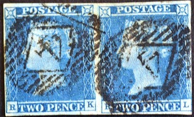 Lot 450 - Great Britain. 1841 2d blue horizontal strip of three KJ/KL. Three margins, used with blue town...