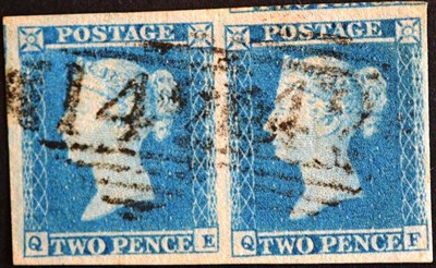 Lot 453 - Great Britain. 1841 2d blue horizontal pair QE/QF, four good margins, used