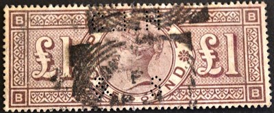 Lot 457 - Great Britain. 1884 £1 brown - lilac B-B, watermark three Imperial crowns, perfinned, used SG 185